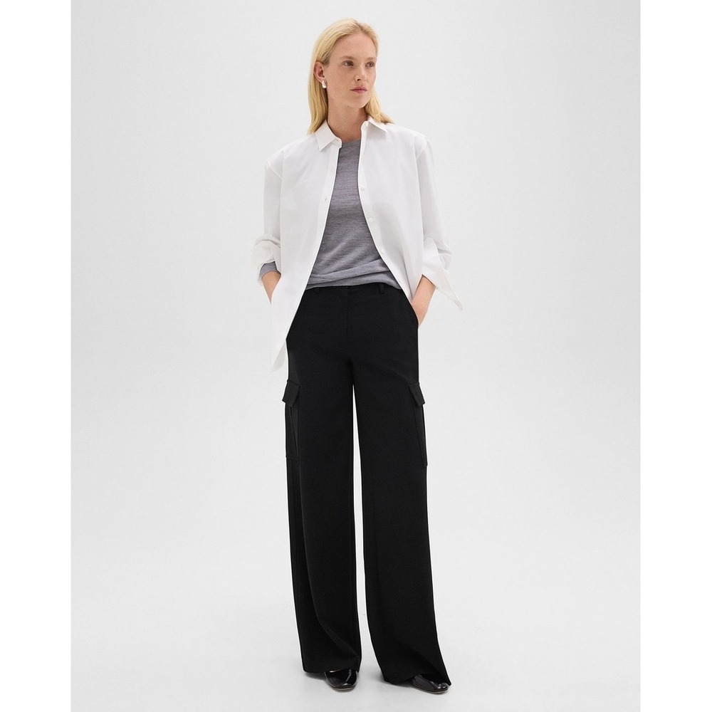 Theory Wide Leg Cargo Pant Oversized Size 4 Black Admiral Crepe‎ Side Pockets